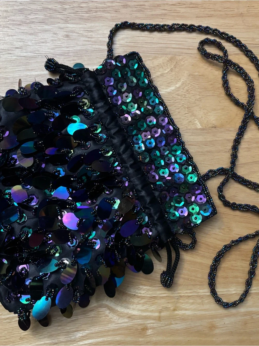 Iridescent Sequin Drawstring Satchel - Black